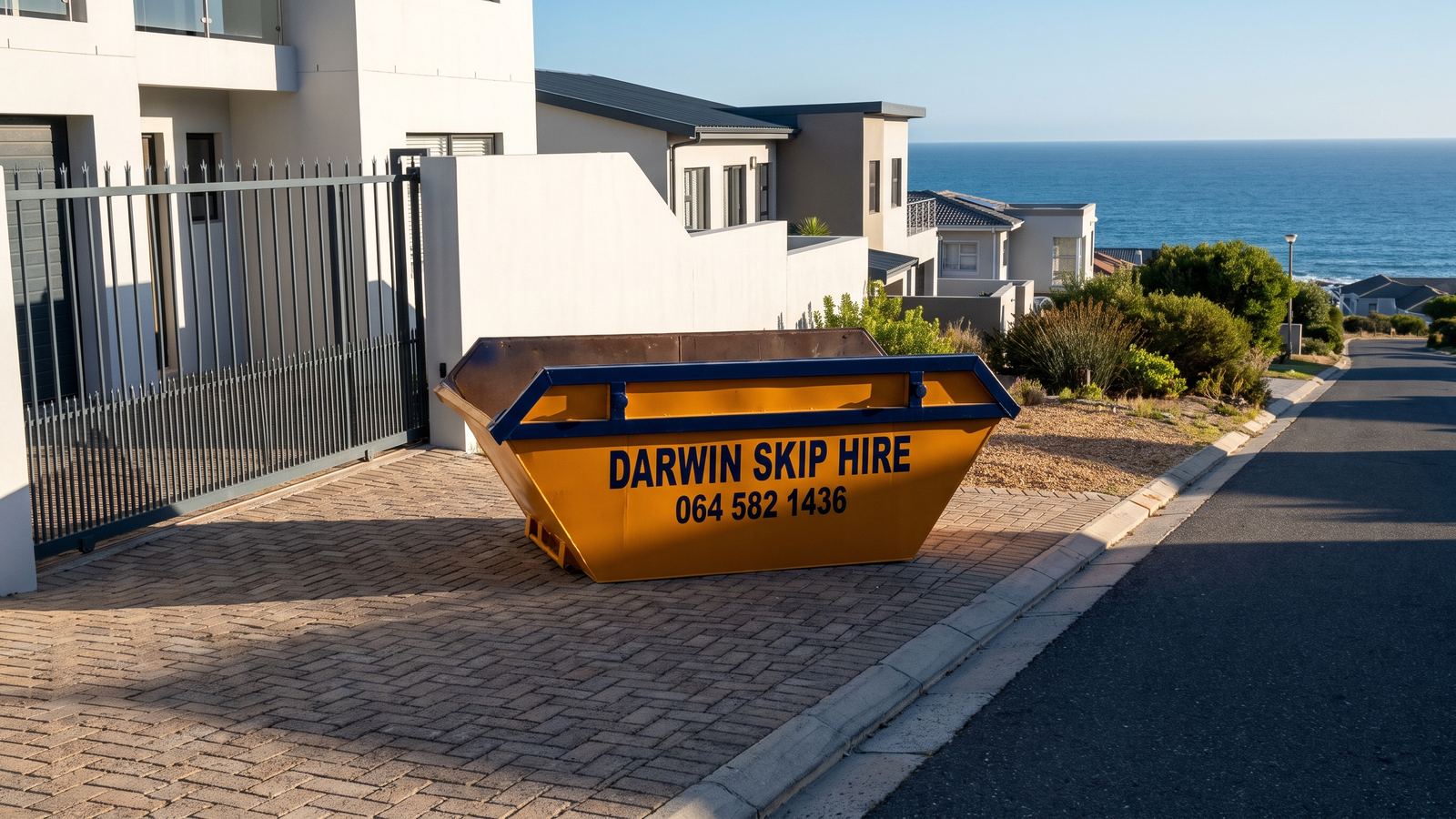 Amber Darwin mini skip on a private paved forecourt above the ocean.